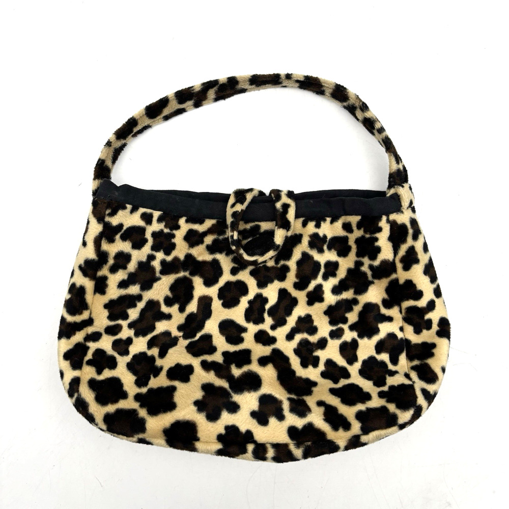 Vintage 90s Y2K Brown Leopard Print Fuzzy Medium Wristlet Clutch Purse 11x7"